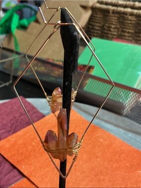 Gold Wire Wrapped Aura Quartz earrings on Geometric Frame